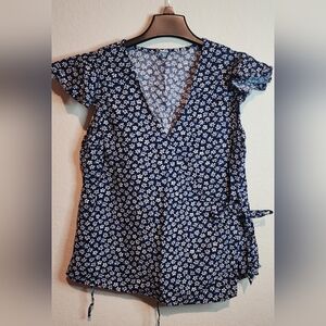 Old Navy Floral Wrap Blouse - Navy and White